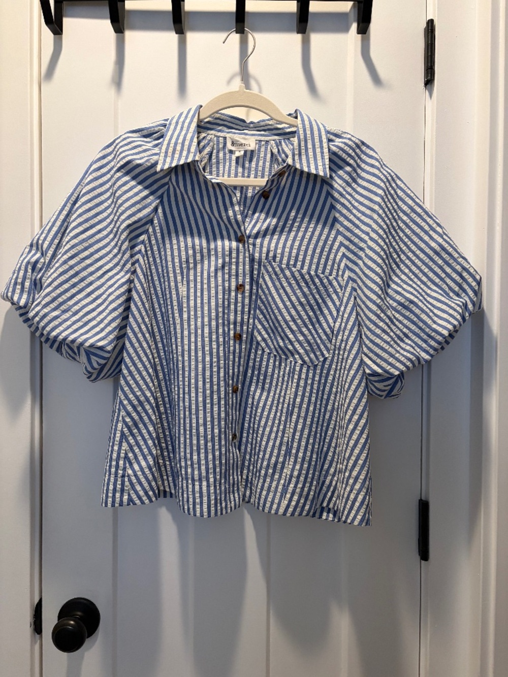 Blue and White Striped Bubble Sleeve Blouse by &Merci Size S